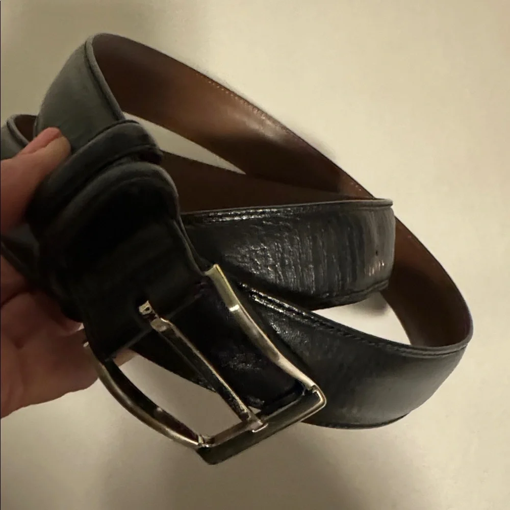 Roundtree & Yorke Full Grain Cowhide Black Leather Belt Mens 38 silver buckle